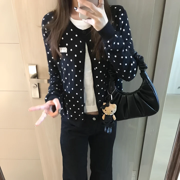 韩系黑色波点针织衫女款爆款2025新款辣妹慵懒风宽松显瘦毛衣外套