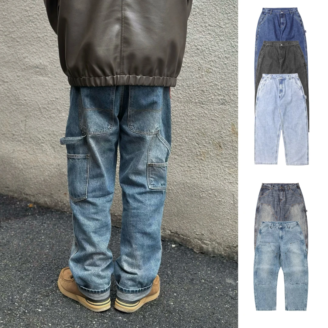 B13/B73双膝伐木牛仔裤日系水洗做旧宽松直筒工装裤伐木裤男平替