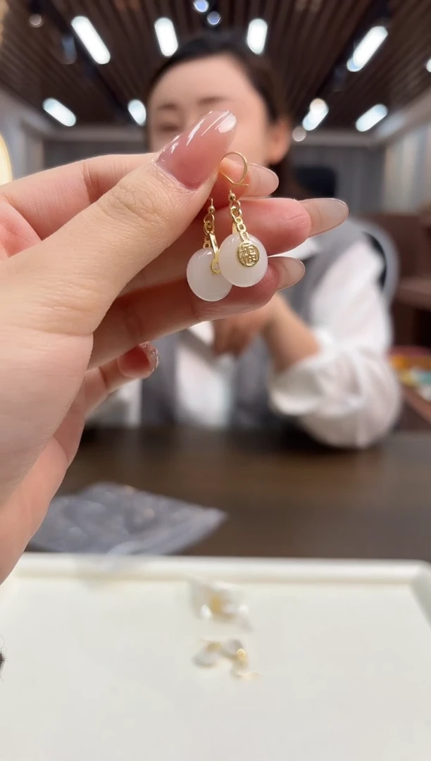 14K金镶嵌和田玉耳饰DIY款E228