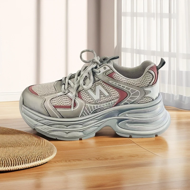 真皮网面复古风老爹鞋2025秋款女时尚厚底运动鞋百搭防滑跑步鞋