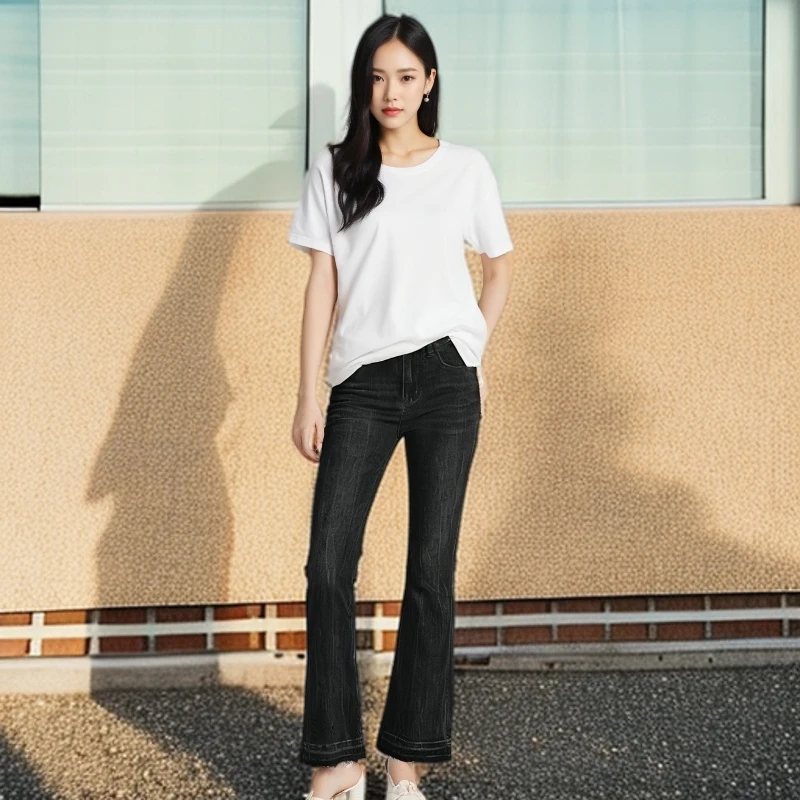 300斤大码女装黑色微喇牛仔裤女夏季新款胖mm高腰显瘦喇叭裤