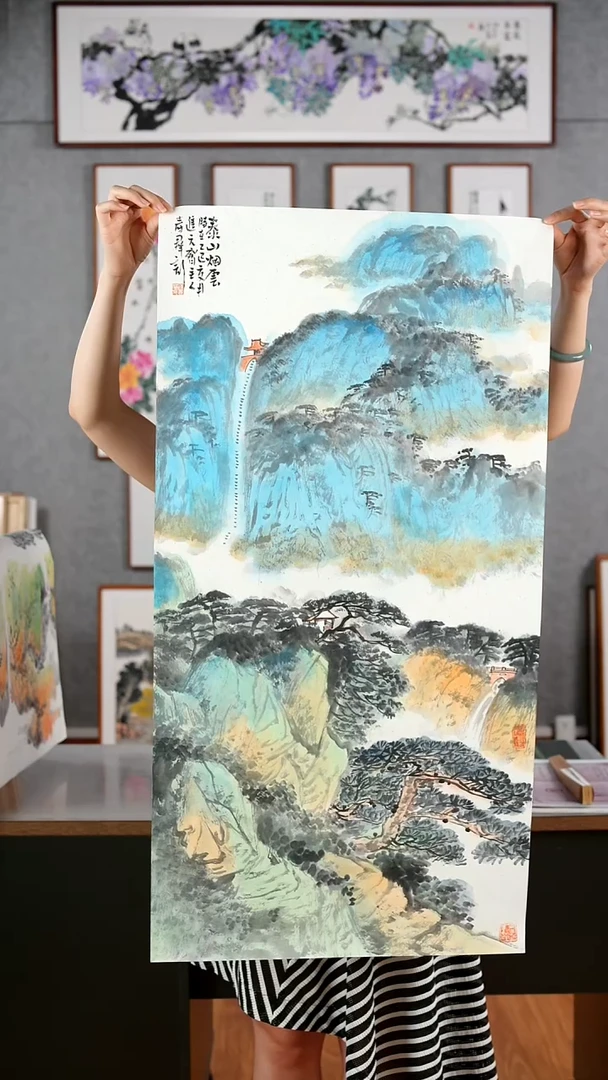 国画隗寿群《泰山烟云》含框122*62厘米