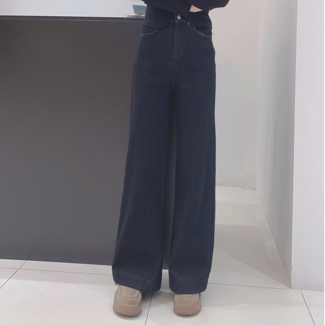 冬季新款加厚复合绒微弹力小个子版高腰阔腿牛仔裤时尚百搭休闲款