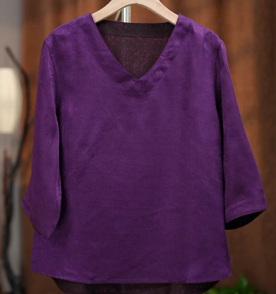 1711古法老料桑蚕丝气质宽松V领双面双穿上衣