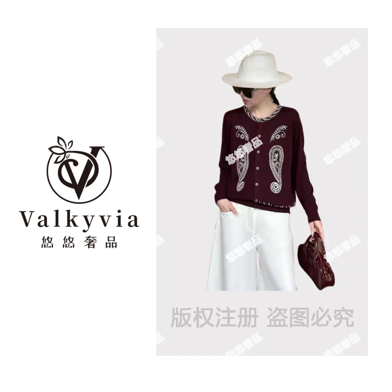 【Valkyvia/悠悠奢品】羊毛艺术风腰果花纹针织开衫毛衣msl874