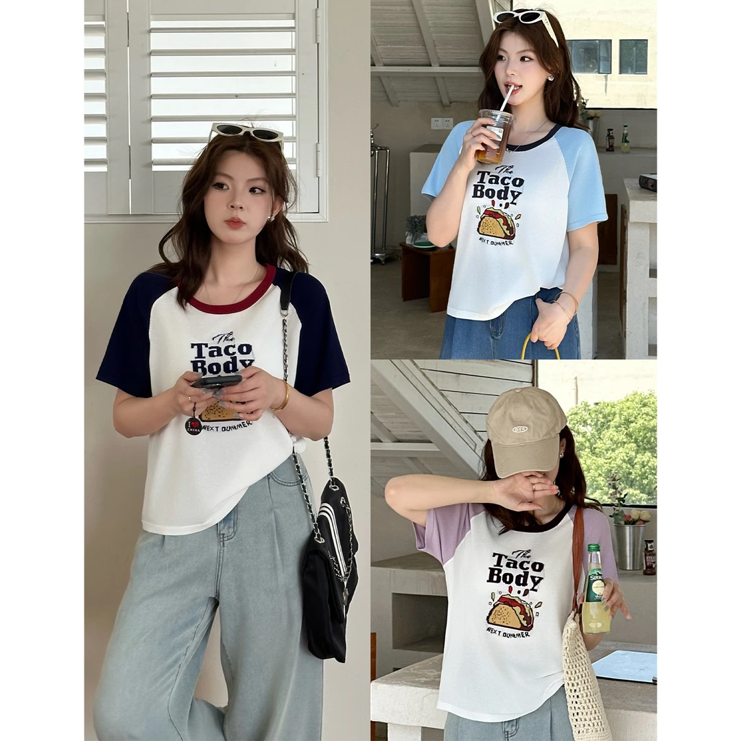 裂渡宣宣【奇趣屋】微胖大码女夏百搭显瘦毛织插肩短袖T恤ZY505A62