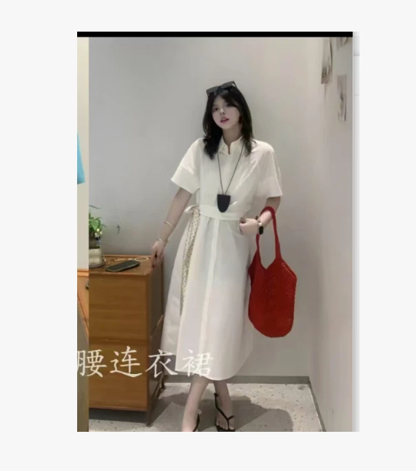 2025夏新款韩版设计感侧丝巾系带收腰连衣裙HJ-1834