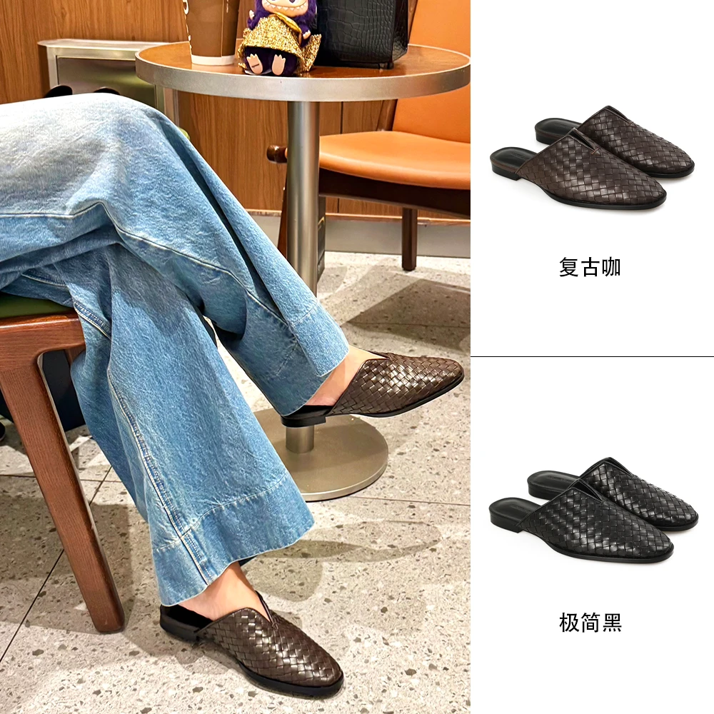 MANIKA GUAN 2025新款爆款小方头编织复古极简休闲穆勒拖MK191381