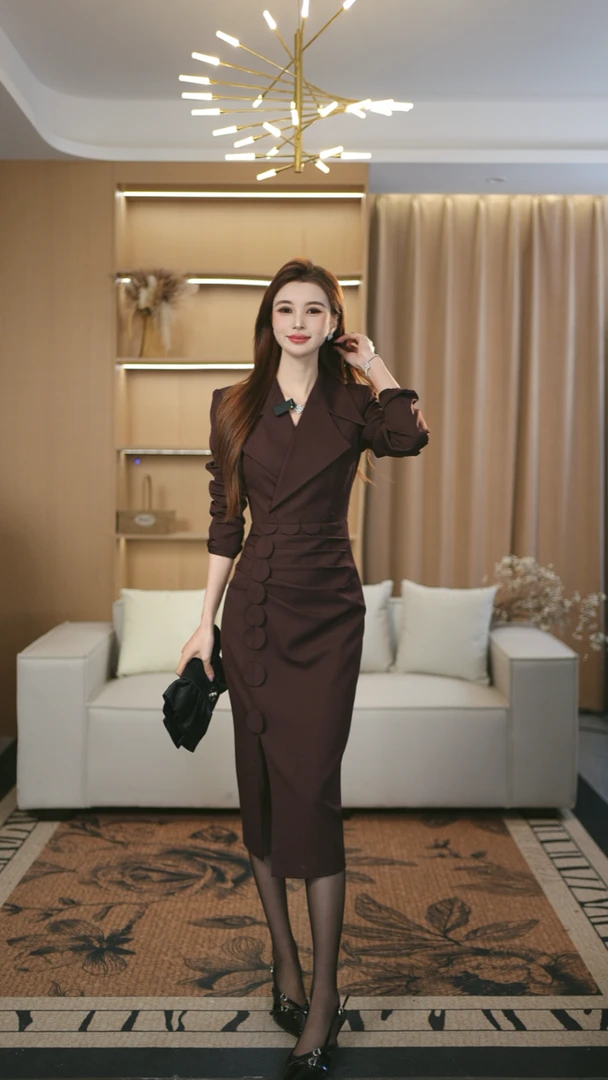 罗曼定制 原创设计秋季时尚中长款西装包臀连衣裙女收腰褶皱气质