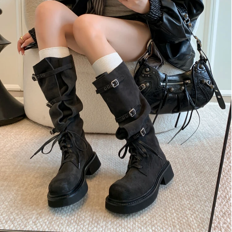 新款系带不过膝骑士靴复古潮流小众设计皮带扣高筒靴时尚百搭长靴