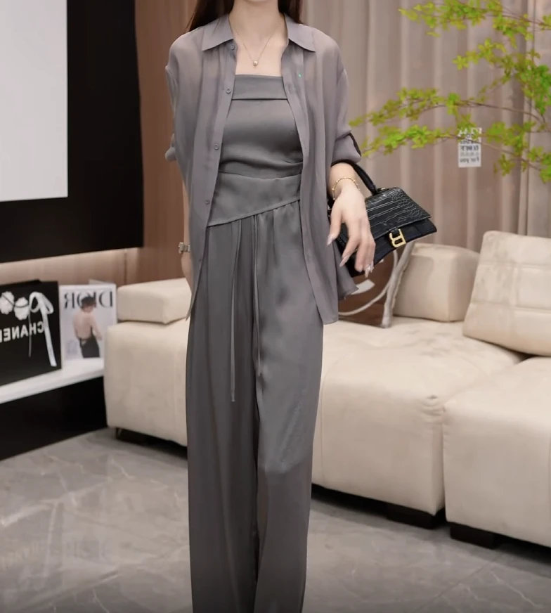 2025夏季新款纯色衬衫吊带阔腿裤套装女时尚三件套