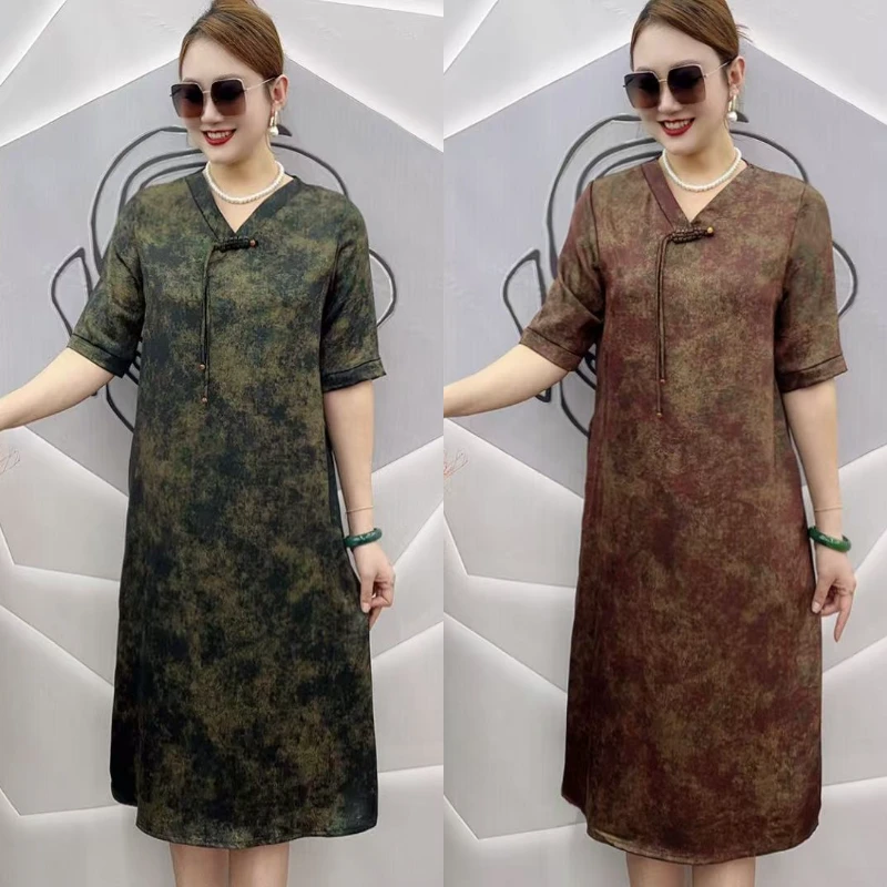 311夏季短袖v领气质高端V领步摇炫彩花显瘦连衣裙百搭国风中长款