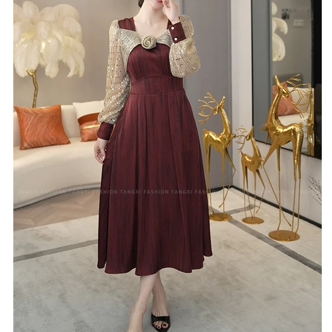 现货2025年秋冬季新款【X24-Q246】高级气质拼接红色连衣裙子女