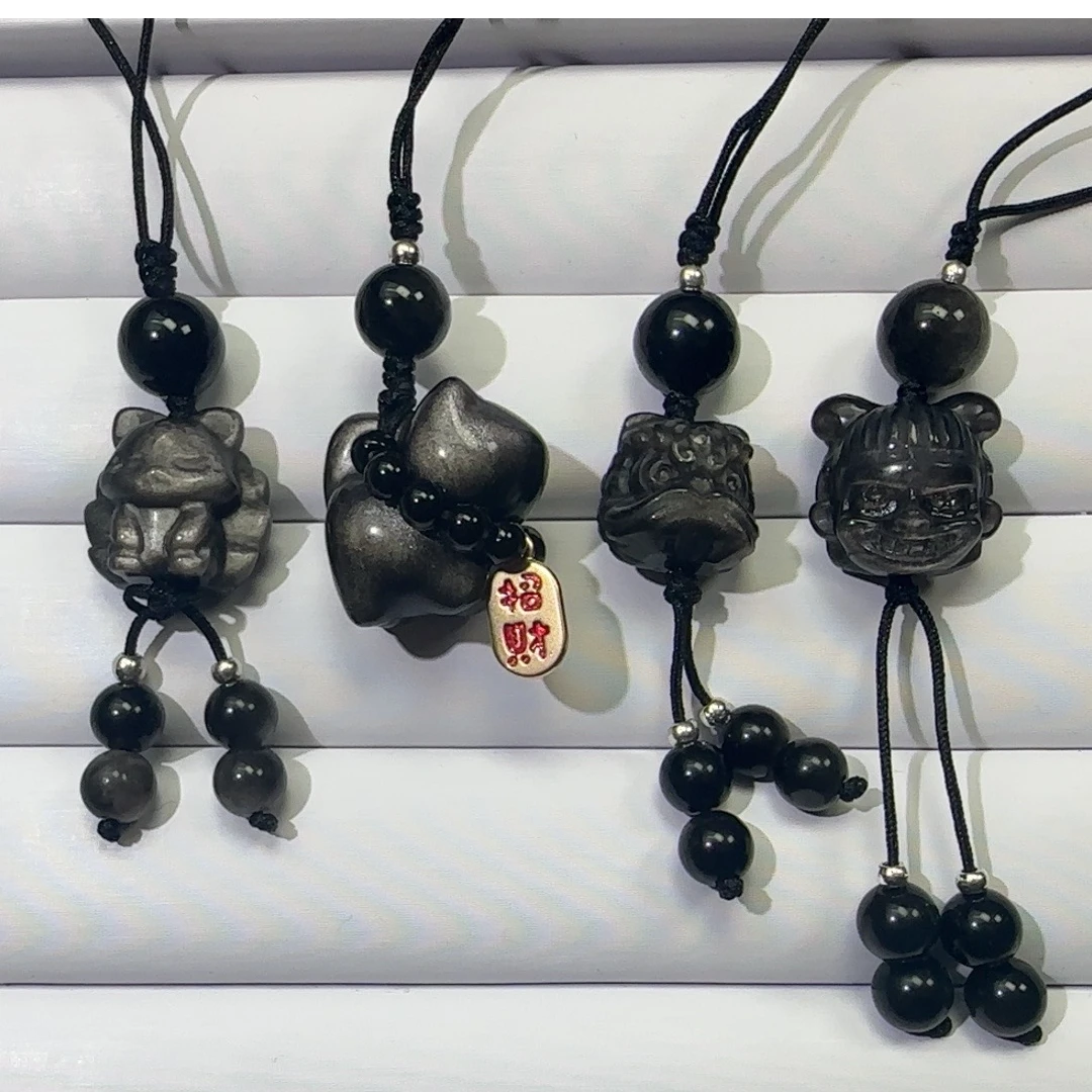 【Yowen】银光黑曜石 银耀招财纳福小猫 哪吒 凤九 醒狮 雕刻挂件