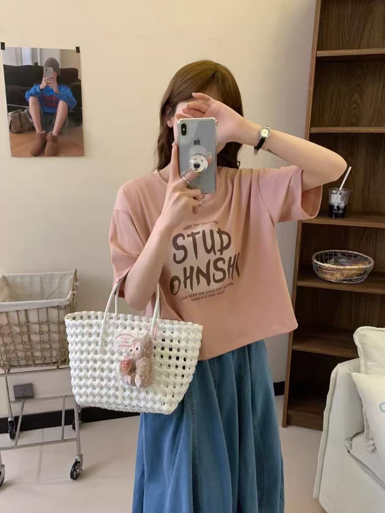 印花字母设计感肥短款通勤休闲T恤圆领短袖高腰减龄