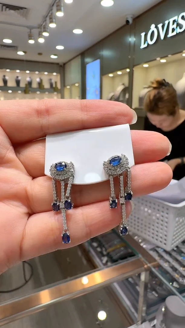 耳环蓝宝石银S925镶嵌048