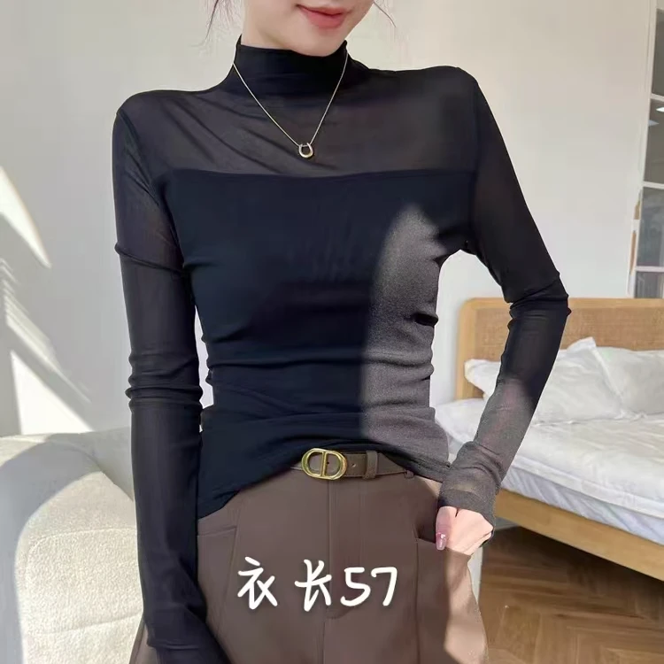 【艳子】61小个子~半高领网纱纯色打底上衣