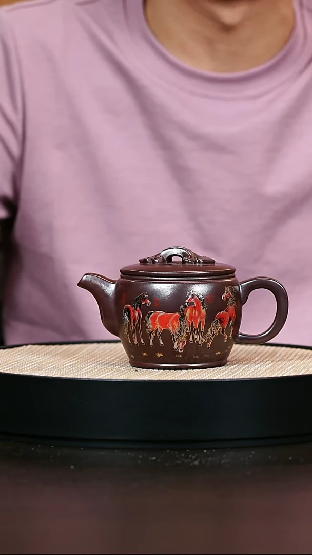 茶壶紫砂紫玉金砂珐琅八骏图汉瓦260cc