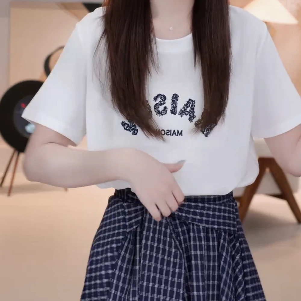 夏季新款INS潮显瘦小个子百搭刺绣字母圆领t恤女新款灰色短袖上衣