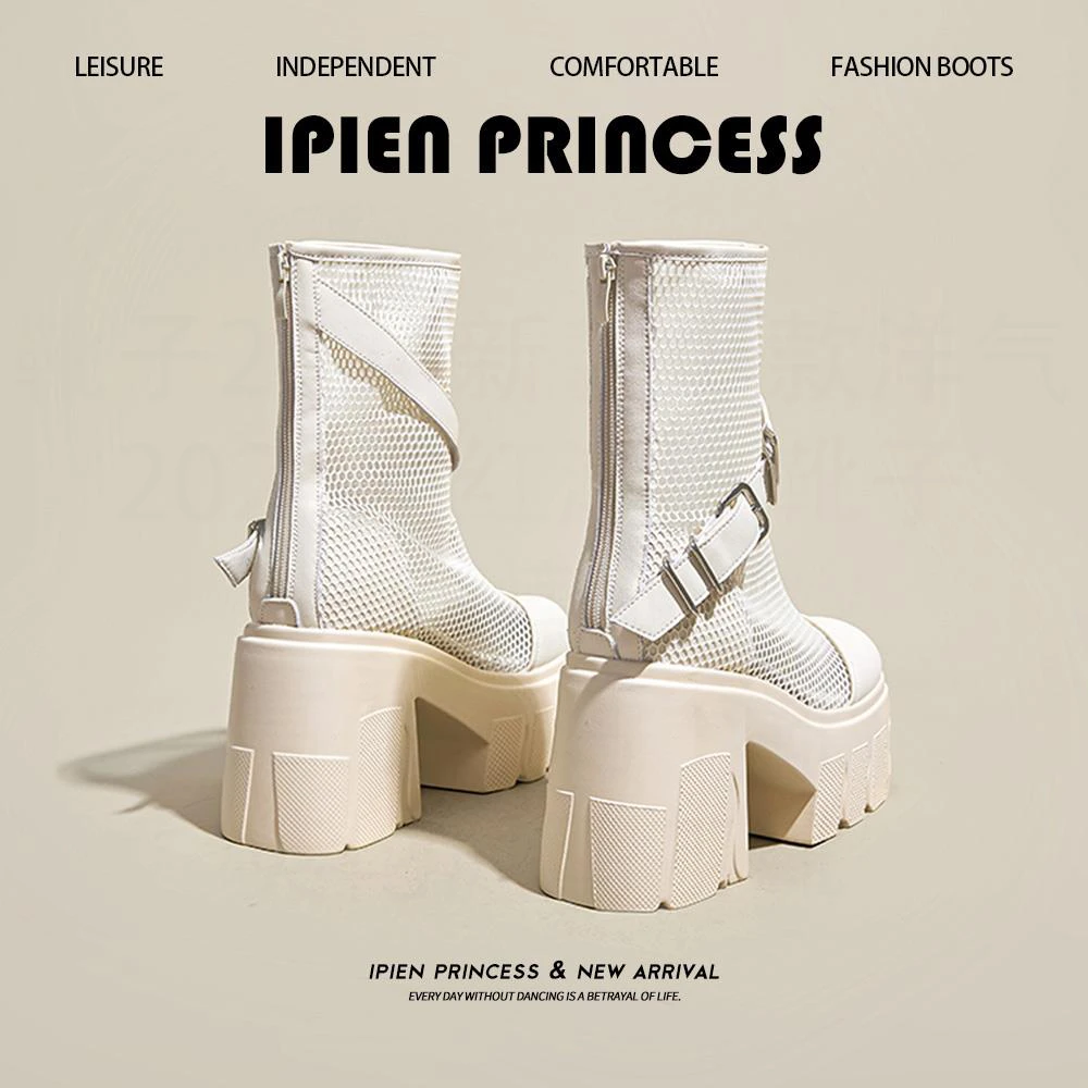 网面透气薄款短靴女2025夏季新款白色马丁靴11cm厚底增高百搭凉靴