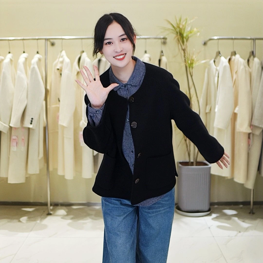 【100%羊毛大衣】宽松休闲小香风气质手工双面羊绒纯色短款时尚女装