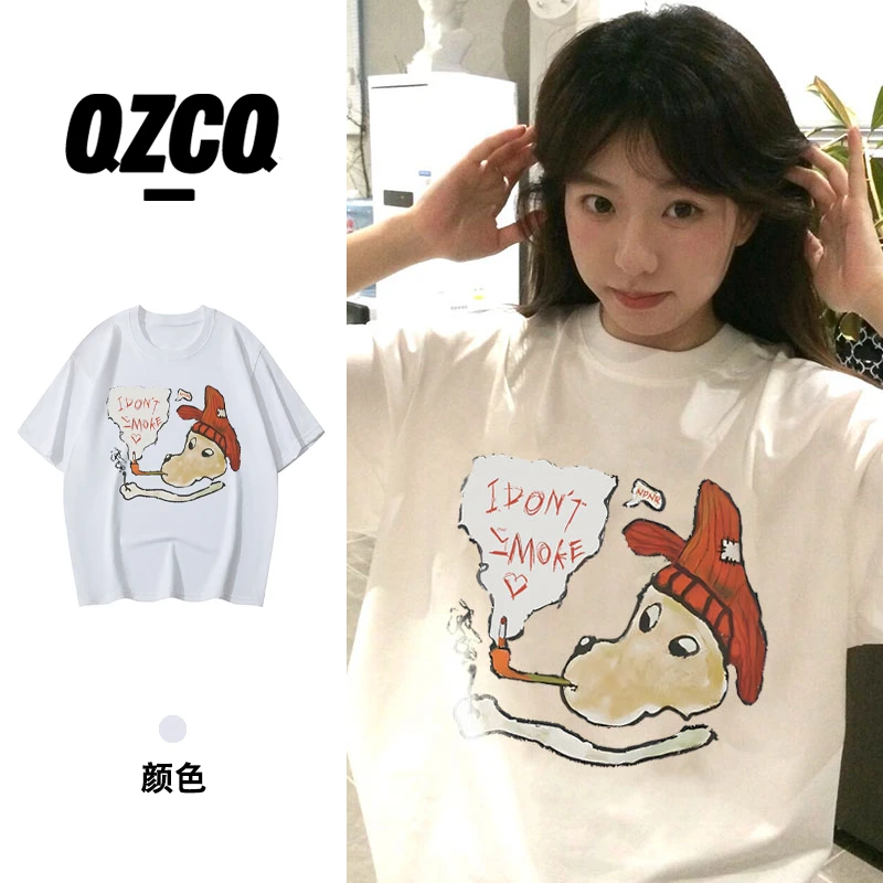 QZCQ卡通短袖t恤女夏季新款宽松圆领显瘦印花小众纯棉半袖上衣ins