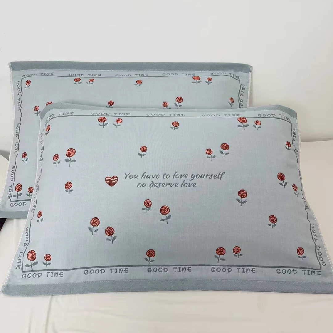 浪漫小玫瑰灰刺绣纯棉轻奢枕巾