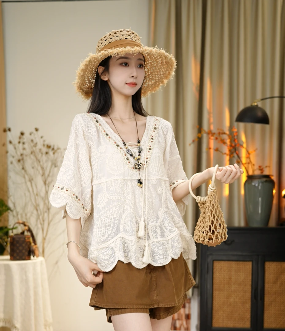 【国色芳华】唐乐乐｜25new夏季V领绑定重工刺绣休闲上衣 BF1432