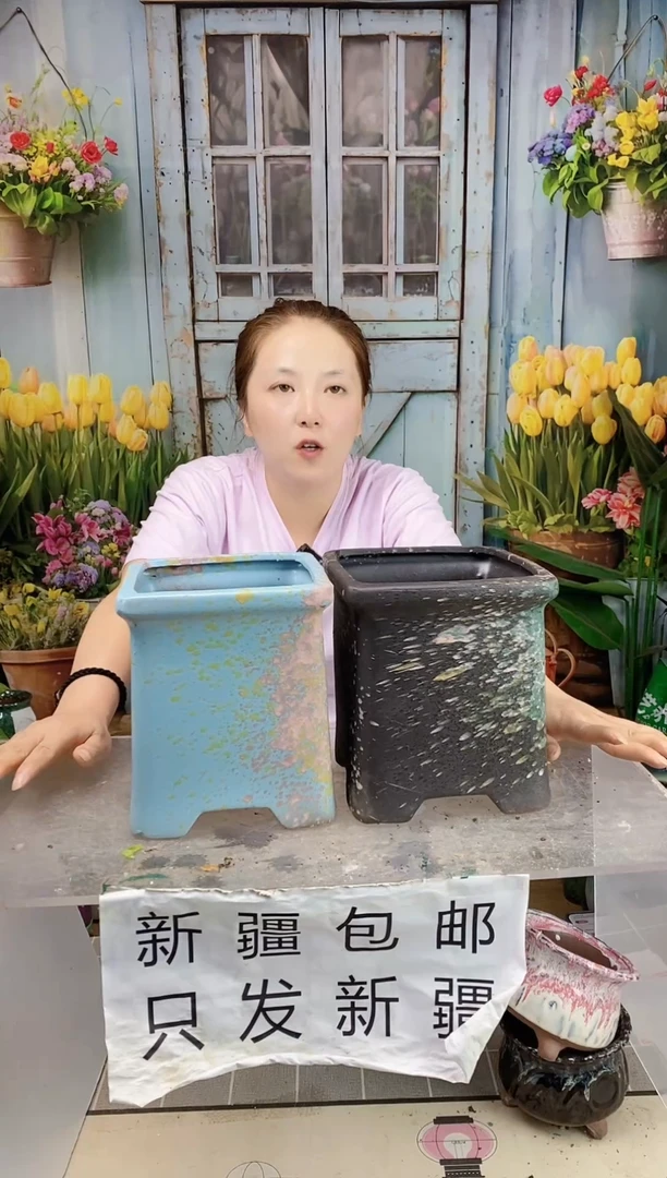 006方形陶盆两个装  口16高17