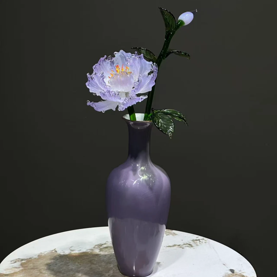 浮利款紫色琉璃牡丹花乔迁客厅玄关装饰品国风办公室高级感纯手工