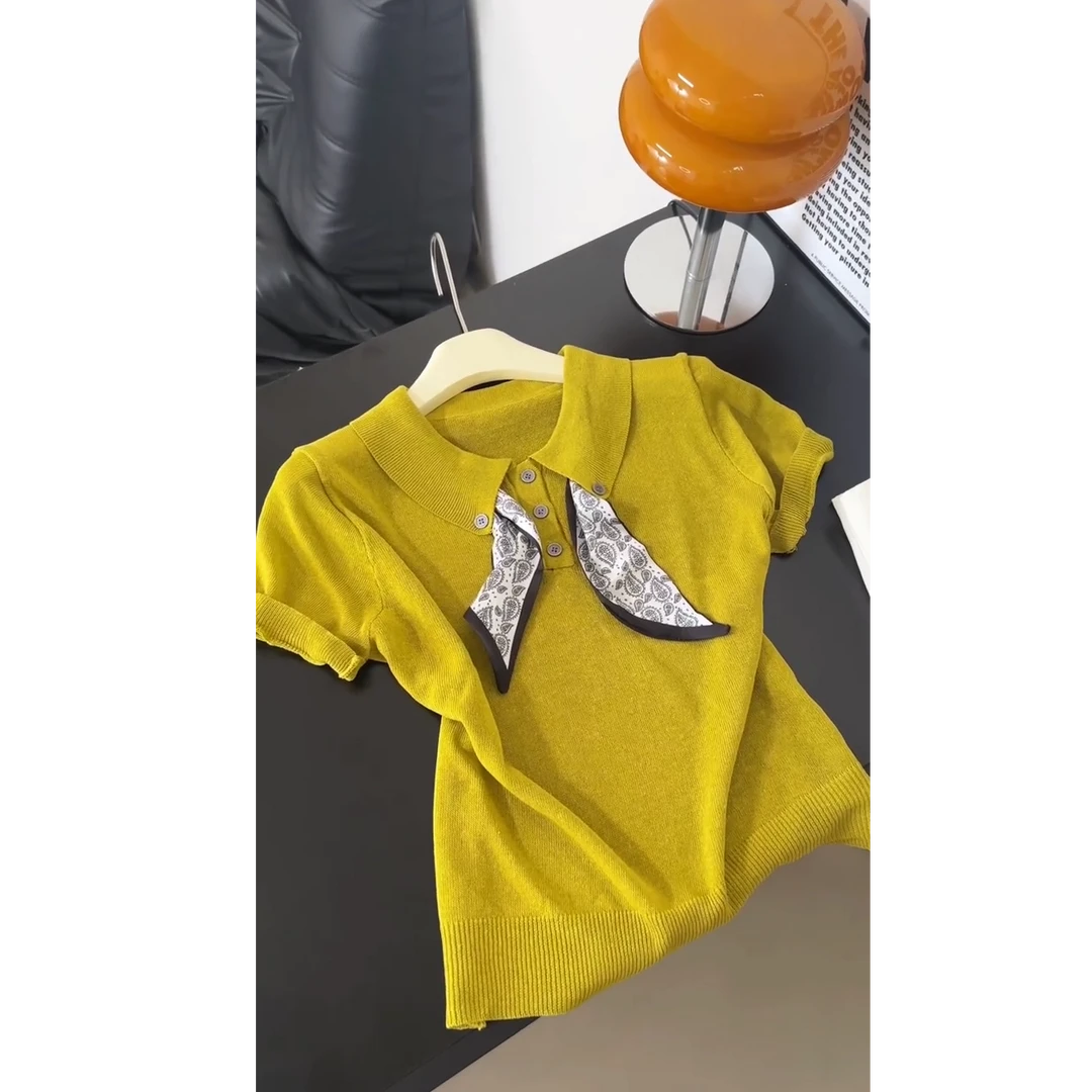 2025夏季新款百搭POLO领配腰果花丝巾时尚减龄显瘦短袖针织衫T恤