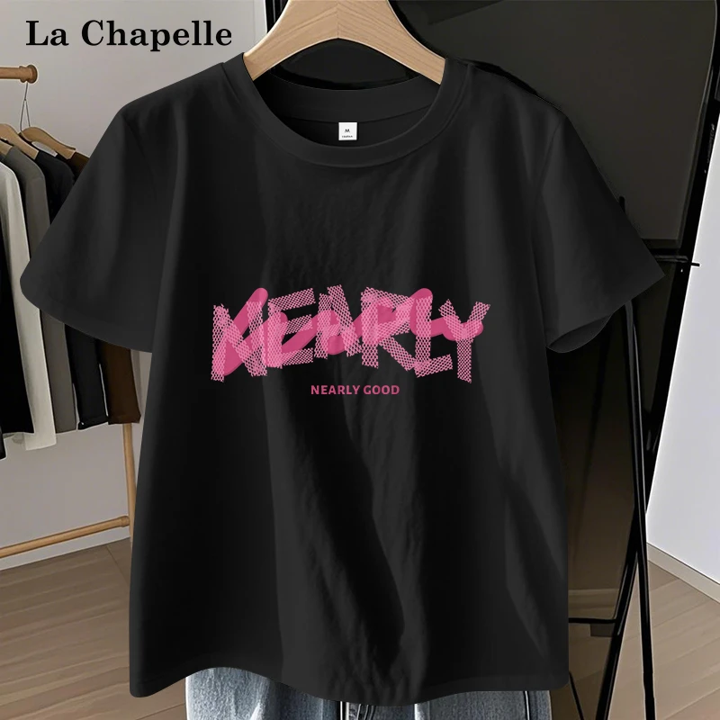 拉夏贝尔黑色韩版短袖女款爆款2025新款夏季纯棉T恤半袖休闲装潮