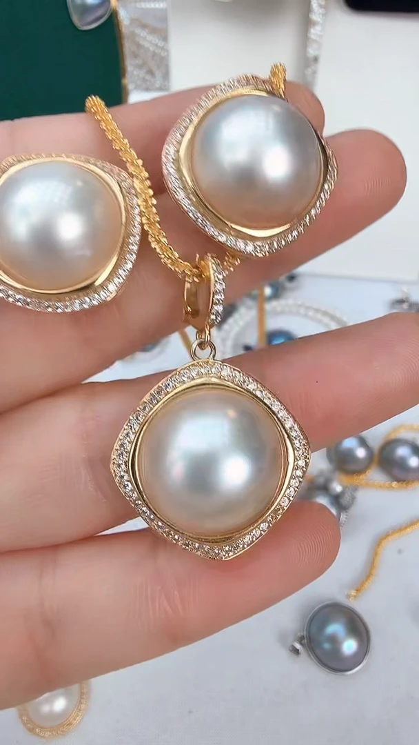 耳饰拼合珍珠（马贝珠）未镶嵌四方套装金色