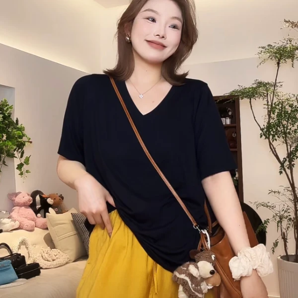 【瘦瘦】净版T-大码夏季纯色V领休闲百搭薄款宽松短袖T恤S01584