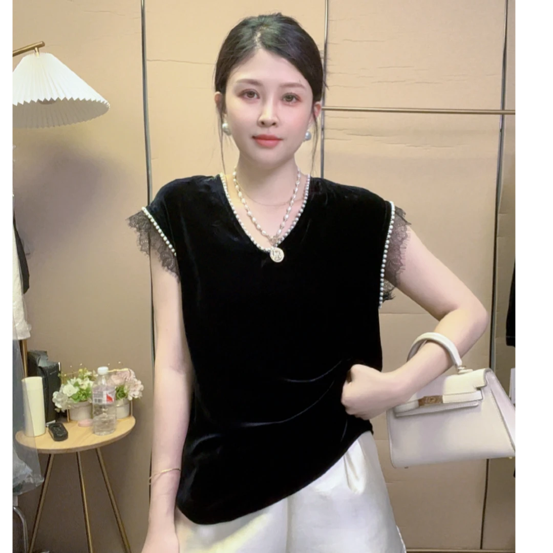 深圳南油慕慕 V领钉珠拼蕾丝显瘦气质百搭桑蚕丝真丝丝绒上衣