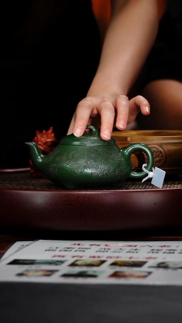 茶壶紫砂江伯泽 汉棠石瓢54  绿泥 250毫升 配狮球茶宠＋慕古花盆