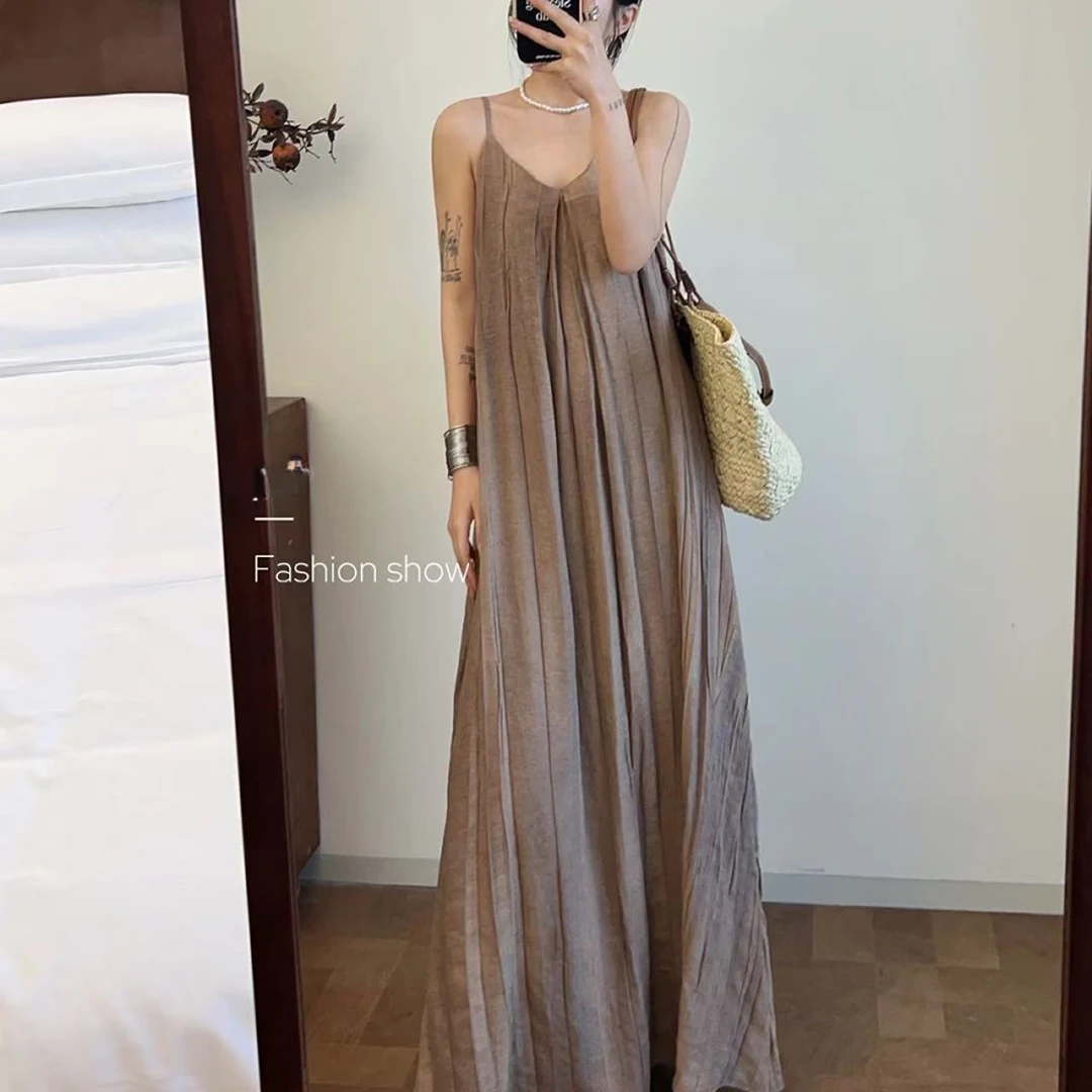 0107-法式2025夏季新款高级感吊带长裙简约复古风气质连衣裙女