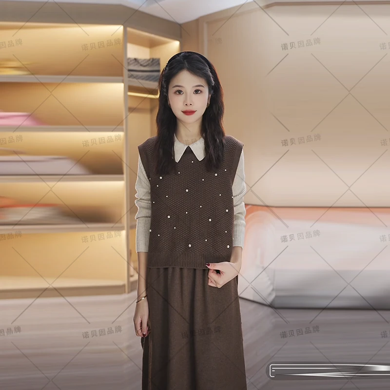 nuobeiyin/诺贝因冬季钉珠装饰针织马甲连衣裙两件套装裙 NDG9011