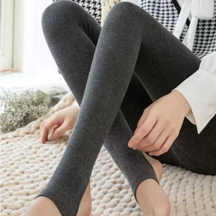 加绒加厚灰色螺纹打底裤女冬季弹力修身踩脚连裤袜