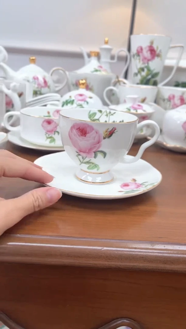 杯玫瑰高骨骨瓷咖啡杯碟