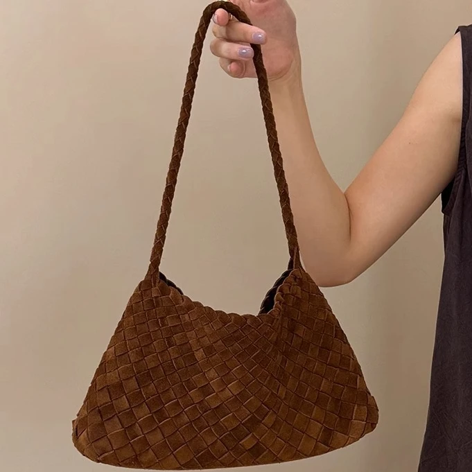 磨砂牛皮麂皮手工编织包菜篮子腋下包手提包通勤时尚单肩法棍包女