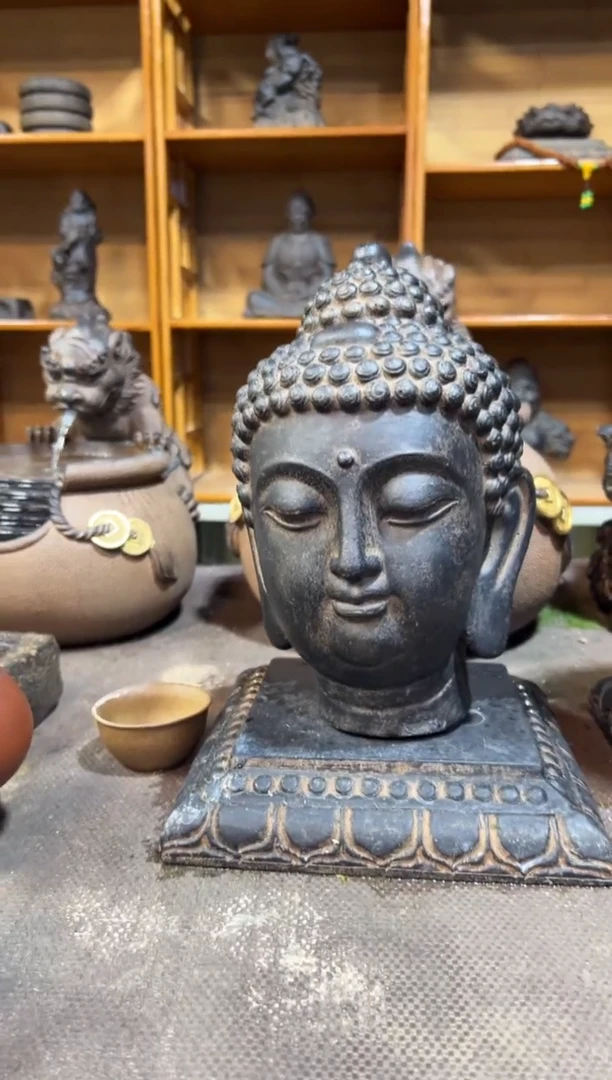 陶土【火山泥】小佛首+莲花底座