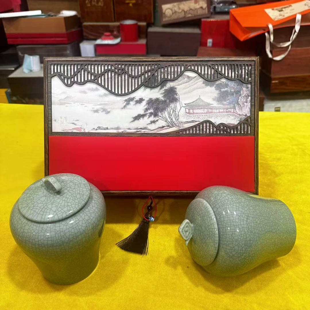【顺丰发货】大红袍 乌龙茶 山水画哥窑陶瓷罐茶叶礼盒装 中秋送礼