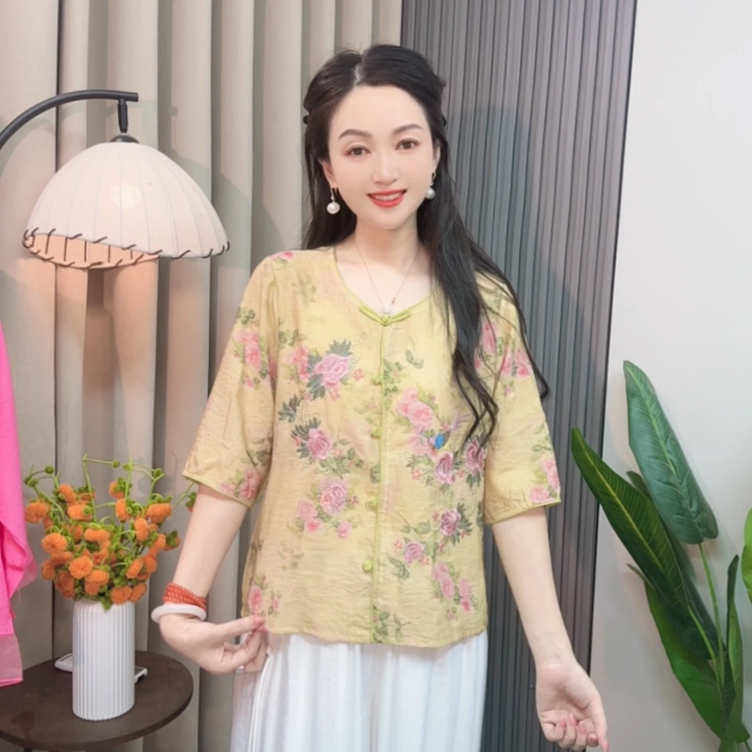 夏季新中式时尚复古气质显瘦重工刺绣妈妈装中袖女装