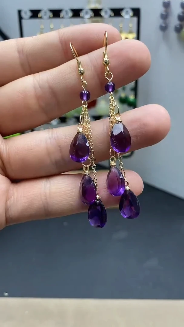 【闪购商品】紫晶耳饰银S925镀金镶嵌水滴00