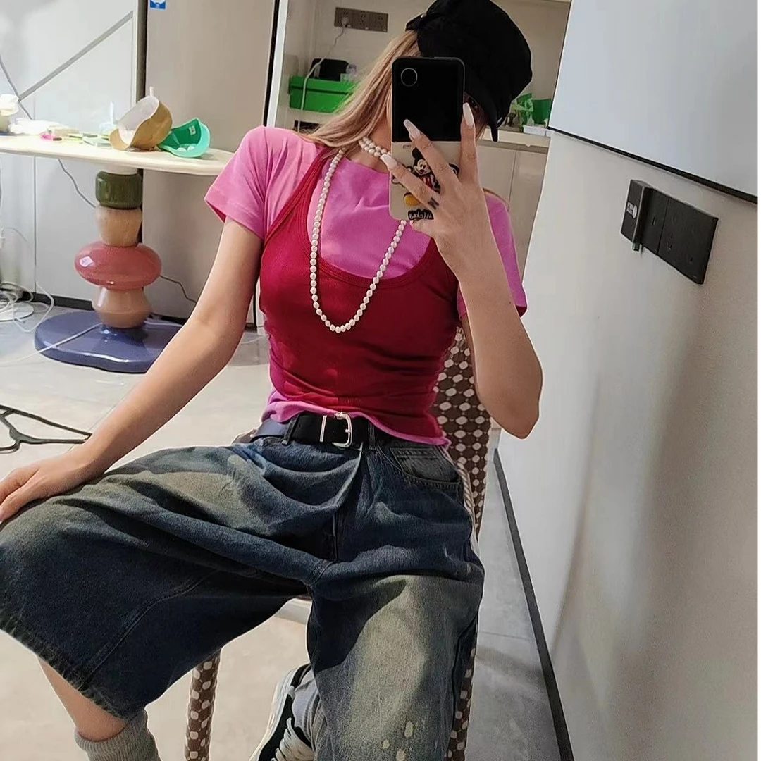 宠儿【2025夏季韩版复古高级定制斜扣泼墨6分牛仔裤】