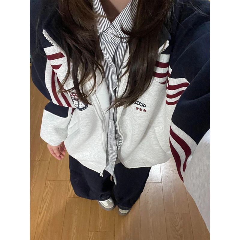 美式拉链立领条纹开衫秋季薄款情侣休闲卫衣字母宽松秋冬复古百搭