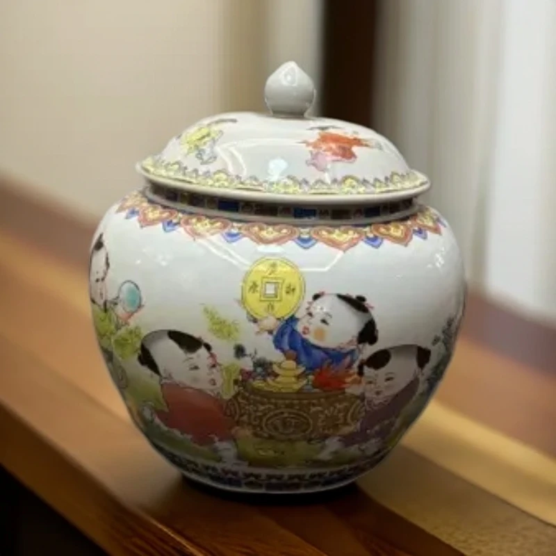 财源广进招财进宝粉彩陶瓷茶叶罐防潮密封中式复古家用储物摆件