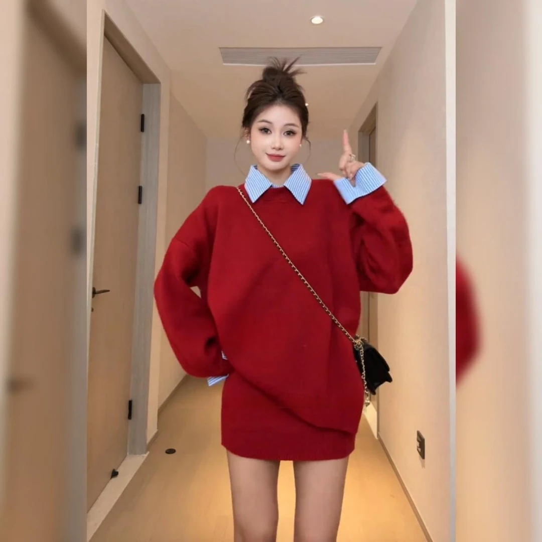 时尚学院风两件套秋冬新款设计感气质拼接衬衣领厚款毛衣高腰短裙