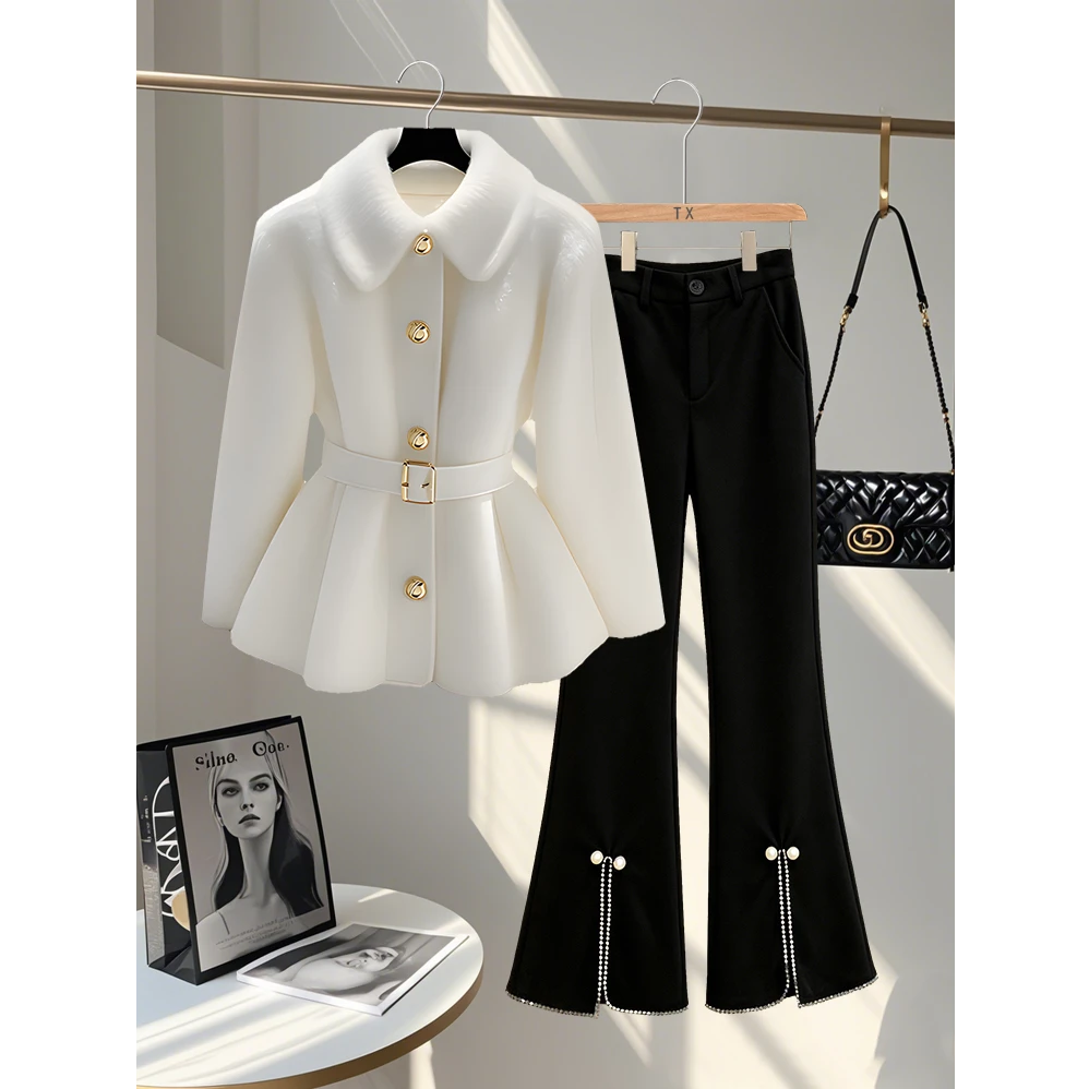 气质时尚质感两件套装2025秋冬季新款爆款小香风外套百搭微喇裤女